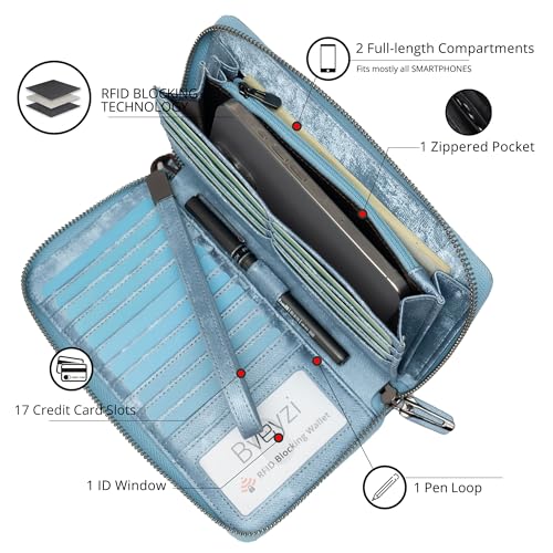 Bveyzi Women RFID Blocking Wallet Leather Zip Around Phone Clutch Large Capacity Ladies Travel Purse Wristlet - color: Ice Blue