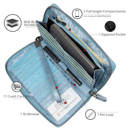 Bveyzi Women RFID Blocking Wallet Leather Zip Around Phone Clutch Large Capacity Ladies Travel Purse Wristlet - color: Ice Blue