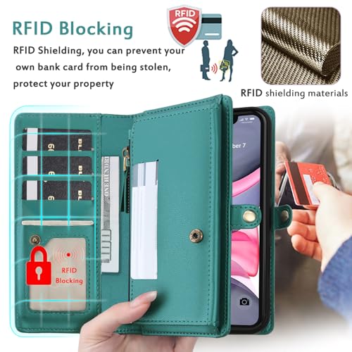 for Wallet Case Compatible with iPhone 11,Multi-Function Detachable 2 in 1 Magnetic iPhone 11 Wallet,Flip Strap Zipper Card Holder Phone Case with Shoulder Straps (Green) - color: Green, size: iPhone 11