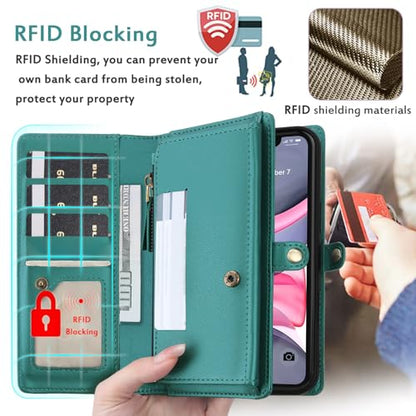 for Wallet Case Compatible with iPhone 11,Multi-Function Detachable 2 in 1 Magnetic iPhone 11 Wallet,Flip Strap Zipper Card Holder Phone Case with Shoulder Straps (Green) - color: Green, size: iPhone 11