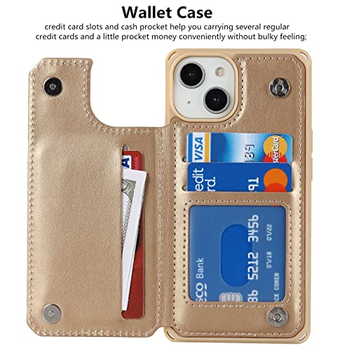 iCoverCase Compatible with iPhone 14 Wallet Phone Case with Card Holder for Women, RFID Blocking Embossed PU Leather Wrist Strap Case 6.1 Inch (Macaron Gold) - color: P-Gold