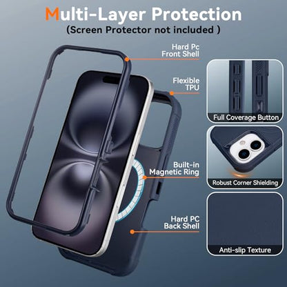 for iPhone 16 Case with Clip, Compatible with Magsafe, Blue | Anti-Drop, Anti-Fingerprint, 3 in 1 Heavy Duty Shockproof Protection, Military-Grade Cover for iPhone16 Case Rugged - color: Blue