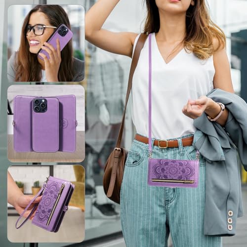 Asuwish Phone Case for iPhone 15 Pro 6.1 inch Zipper Wallet Magnetic Detachable Cell Cover with Tempered Glass Screen Protector Crossbody Strap Flower Card Holder Slot i Phone15 i15 15Pro Women Purple - color: Purple