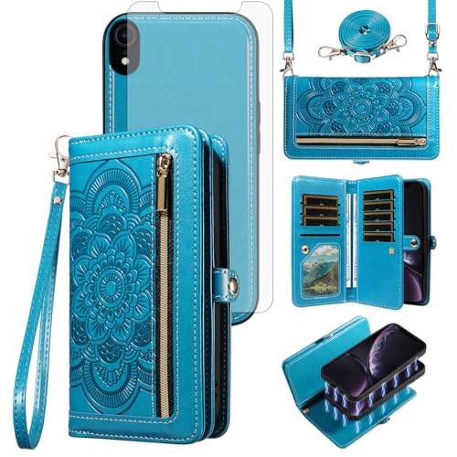 Asuwish Phone Case for iPhone XR 6.1 Zipper Wallet Magnetic Cell Cover with Tempered Glass Screen Protector Strap Flower Card Holder iPhoneXR iPhone10R i Phonex 10XR 10R RX CR iPhoneXRcases Women Blue - color: Blue