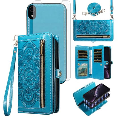 Asuwish Phone Case for iPhone XR 6.1 Zipper Wallet Magnetic Cell Cover with Tempered Glass Screen Protector Strap Flower Card Holder iPhoneXR iPhone10R i Phonex 10XR 10R RX CR iPhoneXRcases Women Blue - color: Blue