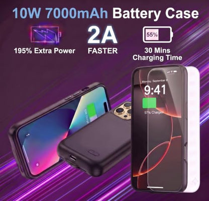 Battery Case for iPhone 16 Pro, Ultra-Slim Travel Portable Charging Case, 2026 Upgrade 7000 mAh Extended Battery Life, Premium Materials Rechargeable Charger Case Black