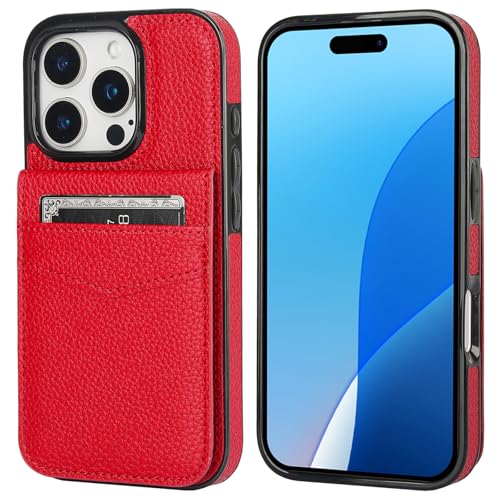 KIHUWEY for iPhone 16 Pro Wallet Case Card Holder Kickstand, Lichee Red | Credit Card Slots, PU Leather, Magnetic Clasp, Flip Heavy Duty Protection Cover for Men and Women - color: Lichee Red