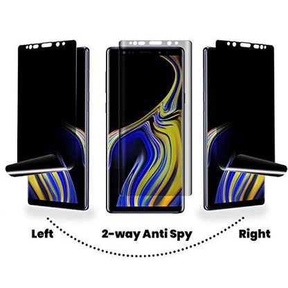 Galaxy Note 9 Screen Protector Privacy, 2-Way Anti Spy Full Adhesive Coverage (2-Pack) Nano Shield 3D Curve Edge Fit Soft Film (NOT Tempered Glass) for Samsung Note 9 and 1-Pack Back Skin Protector