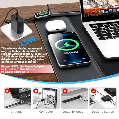 VOVIPO 3 in 1 Wireless Charging Mouse Pad, Gaming Mousepad with Wireless Charger Multiple Devices Compitable with Watch/iPhone/Airpods, Large Desk Mat 90 x 40cm,Desk Pad for MacBook, PC, Laptop-Black - color: Black