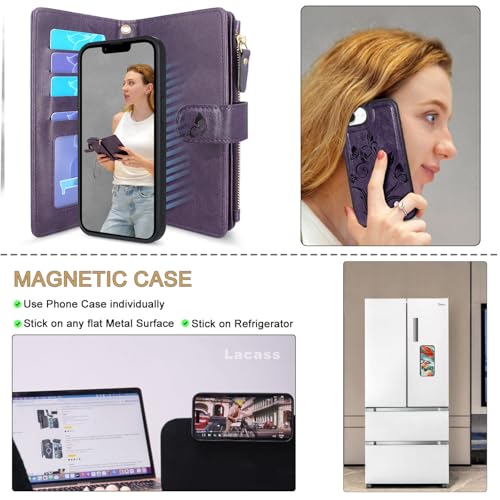 Case Wallet Compatible with iPhone 16e/17e, [12 Card Slots] ID Credit Cash Holder Zipper Pocket Detachable Leather Wallet Cover with Wrist Strap Lanyard（Floral Dark Purple） - color: Floral Dark Purple