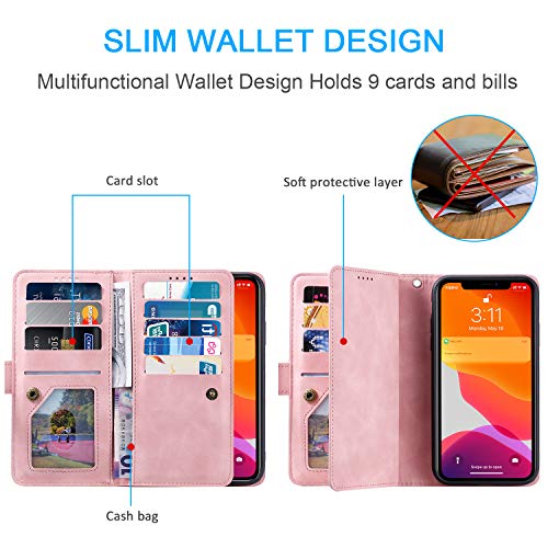 EYZUTAK Wallet Phone Case for Samsung Galaxy A13 5G/4G/A04S, Retro Matte 9 Card Holder Slots Zipper Pocket Case PU Leather Magnetic Closure Kickstand Wrist Strap Shockproof Folio Flip - Rose Gold - color: Rose Gold, size: Samsung Galaxy A13/A04S