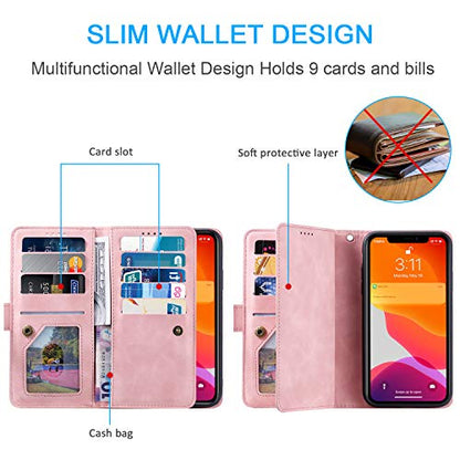 EYZUTAK Wallet Phone Case for Samsung Galaxy A13 5G/4G/A04S, Retro Matte 9 Card Holder Slots Zipper Pocket Case PU Leather Magnetic Closure Kickstand Wrist Strap Shockproof Folio Flip - Rose Gold - color: Rose Gold, size: Samsung Galaxy A13/A04S