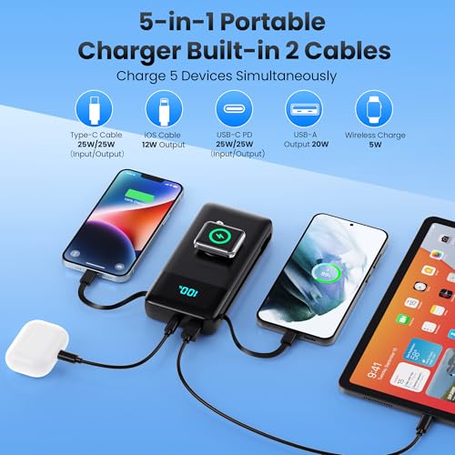 Portable Charger 40800mAh for iPhone 18 with Built-in 3 Cable and iWatch Charger,25W PD Fast Charging USB C Power Bank,Travel Camping Essentials Battery Pack for iPhone 18/17/16/15,Android,Apple Watch - color: Classic Black