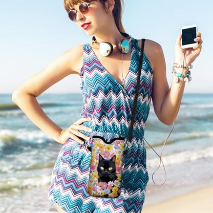 Universal Neoprene Cell Phone Pouch 7.1 X 4 in Mobile Protection Case Bag with Crossbody Strap/Neck Lanyard Black Cat Floral Printed Pattern - color: Black Cat Floral Printed Pattern