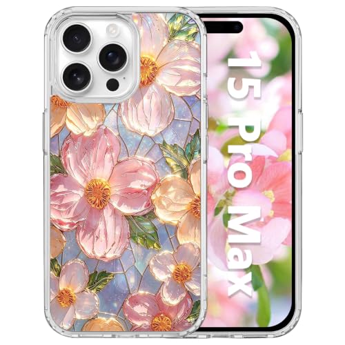 for iPhone 15 Pro Max Magnetic Case【Compatible with MagSafe】 Aesthetic Oil Painting Stained Glass Flower Design, Slim Fit Hard PC Back Shockproof Cute Clear Phone Cover, Pink - color: Pink, size: iPhone 15 Pro Max