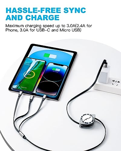 Multi Charging Cable 3A, Retractable Car Charger Cord for Multiple Devices