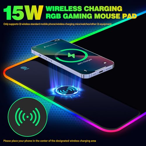 AIMSA Wireless Charging RGB Gaming Mouse Pad 15W, Extended LED Desk Mat Protector 800x300x4MM, 14 Light Modes Extra Large Mousepad Non-Slip Rubber Base Desk Mat, Cool Black - color: Cool Black