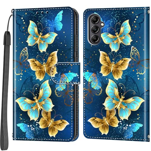 Case Wallet for Samsung Galaxy A14 5G, Green Butterfly | Kickstand, 3 Card Holder, Shockproof TPU Interior Shell, PU Leather, Magnetic Flip Cover, Lanyard Strap - color: Pic:02