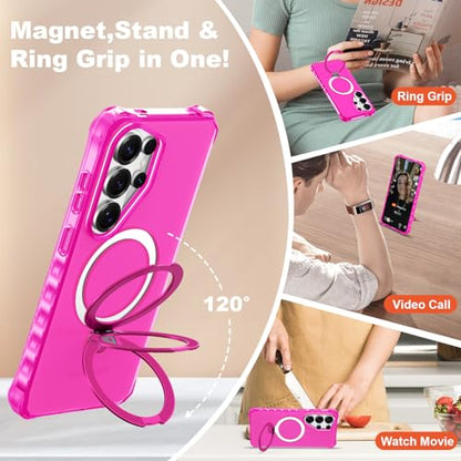Compatible with Samsung Galaxy S26 Ultra Case 6.9'' Cute Wavy Frame with Magnetic Stand [Compatible with Mag-Safe] Military-Grade Translucent Phone Case for S26 Ultra, Hot Pink - color: Hot Pink, size: Samsung Galaxy S26 Ultra