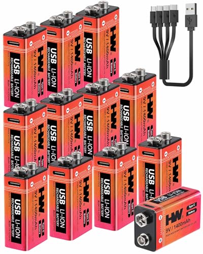 HW 9V Batteries 1400mAh 12 Pack, USB-C Lithium for Wireless Microphones - size: 12-Pack