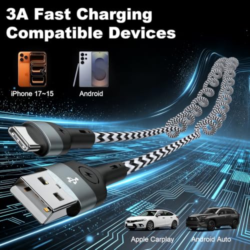 Coiled USB A to USB C Cable[3ft 2Pack],USB C Fast Charge, Car Charger for iPhone 17/16/15/Pro/Pro Max/MacBook and Samsung Galaxy S26/S25/S24/Android Devices,Durable Braid carplay Cable（White） - color: White