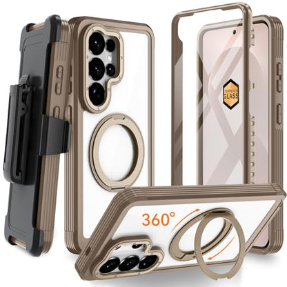 Magnetic for Samsung Galaxy S26 Ultra Case, Compatible with MagSafe, Full Body Rugged Case with Built-in Screen Protector & Kickstand & Belt-Clip (Gold) - color: Gold