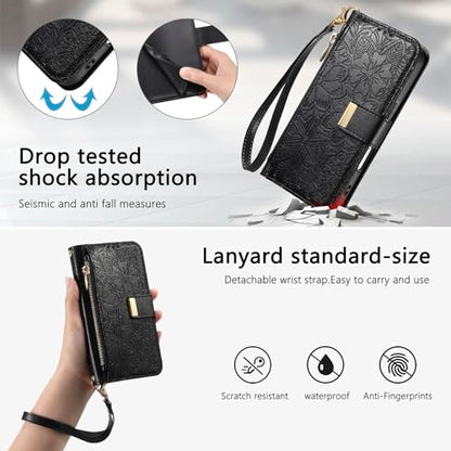 for iPhone 17 Pro Phone Case Wallet, Black | Built-in Card Holder (8-10 Cards), Zipper Pocket, Wrist Strap, Stand Kickstand, Flower PU Leather Protective Phone Case Women - color: Black, size: iPhone 17 Pro