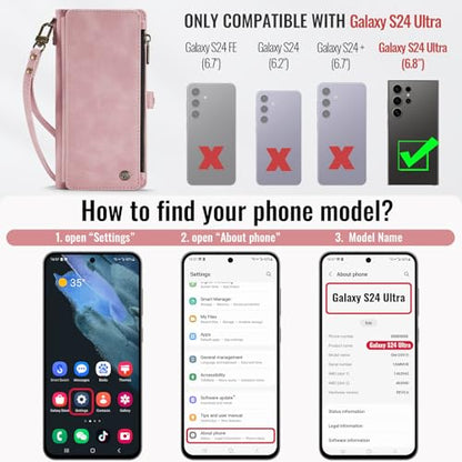 Defencase for Samsung Galaxy S24 Ultra Wallet Case with Card Holder, Pink | Durable PU Leather, with RFID Blocking Zipper Pocket, Wrist Strap, S24 Ultra Flip Phone Cases Cover with Stand for Women Men - color: Rose Pink