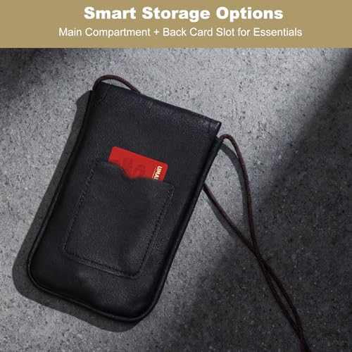 Cell Phone Pouch for Around the Neck Black PU Leather Necklace Holder with Adjustable Lanyard Flip Case and Carrier for Small Travel Purse and Credit Card Holder Hands-Free Mobile Bag