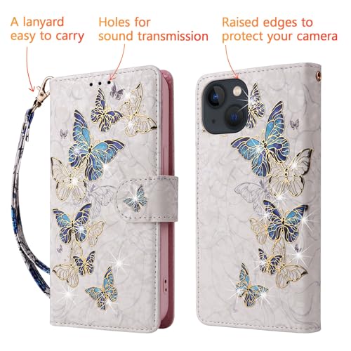 UEEBAI Wallet Case for iPhone 13, PU Leather Phone Cover Kickstand RFID Blocking Flip Case Card Slots Wrist Strap Relief Engraved Pattern Magnetic Closure Flower Folio Wallet, Blue Butterfly - color: Blue Butterfly, size: iPhone 13