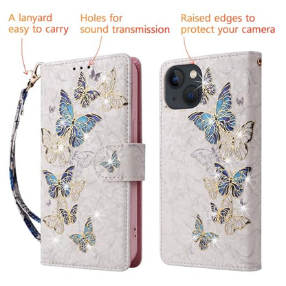 UEEBAI Wallet Case for iPhone 13, PU Leather Phone Cover Kickstand RFID Blocking Flip Case Card Slots Wrist Strap Relief Engraved Pattern Magnetic Closure Flower Folio Wallet, Blue Butterfly - color: Blue Butterfly, size: iPhone 13