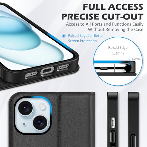 SHIELDON Genuine Leather Folio Wallet Case for iPhone 15 6.1" 2023, Black | Magnetic Closure, RFID Blocking, Credit Card Holder, Kickstand, Book Design, Soft Shockproof Phone Cover - color: Black