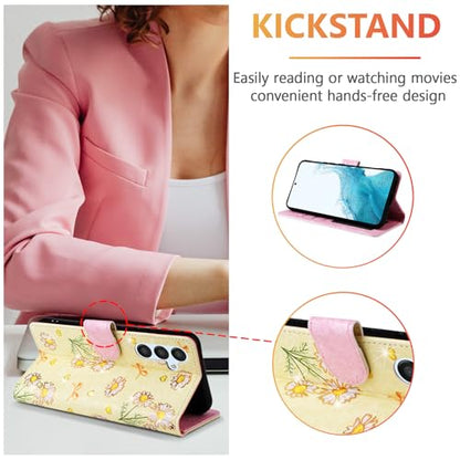 UEEBAI Wallet Case for Samsung Galaxy S23 5G, PU Leather Phone Case Kickstand RFID Blocking Flip Case with Card Slots Wrist Strap Relief Engraved Pattern Magnetic Closure Folio Case - Yellow Daisy - color: Yellow Daisy, size: Samsung Galaxy S23 5G