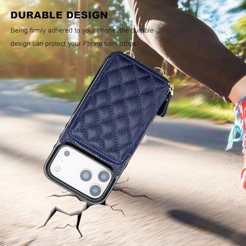 Bocasal Crossbody Wallet Case Card Holder for iPhone 17 Pro Max Dark Blue | RFID Blocking PU Leather Zipper Handbag Purse, Kickstand Flip Folio Case with Card Slots Holder Wrist Strap Lanyard 6.9 Inch - color: Dark Blue