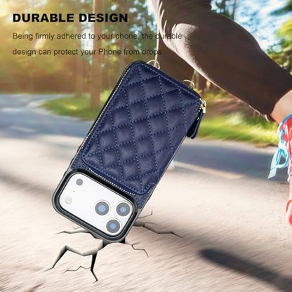 Bocasal Crossbody Wallet Case Card Holder for iPhone 17 Pro Max Dark Blue | RFID Blocking PU Leather Zipper Handbag Purse, Kickstand Flip Folio Case with Card Slots Holder Wrist Strap Lanyard 6.9 Inch - color: Dark Blue