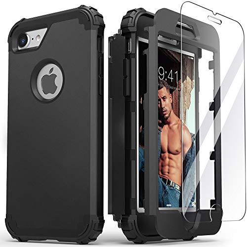IDweel for iPhone 8 Case with Tempered Glass Screen Protector, for iPhone 7 Case, 3 in 1 Shockproof Slim Hybrid Heavy Duty Hard PC Cover Soft Silicone Bumper Full Body Case, Black - color: Black