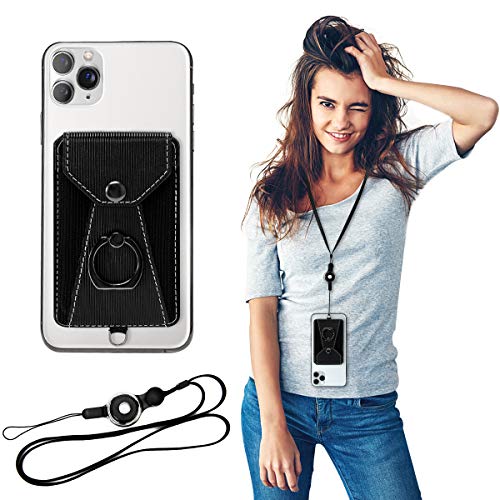 Cell Phone Card Holder,Card Holder for Back of Cell Phone with Ring Grip Stand,Adhesive Stick-on Credit Card Wallet Pocket with Detachable Neck Strap Black