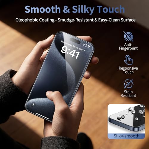 2 Pack for iPhone 15 Pro Max Screen Protector, 9H+ Hardness Tempered Glass Full Edge Coverage, Military-Grade Shatter Protection, HD Clear & Sensitive Touch, Easy Installation - size: for iPhone 15 Pro Max