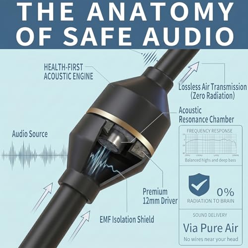 3.5mm Air Tube Headphones – Wired Earbuds with Anti Radiation EMF Free Technology, Noise Cancelling Mic, Volume Control – Zero EMF for Office, Gaming, Travel – In Ear Comfort for Laptop, Smartphone