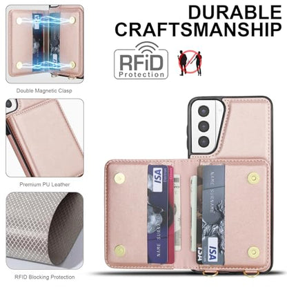 Phone Case for Samsung Galaxy S21 Plus S21+ 5G Wallet Cell Cover with Tempered Glass Screen Protector Wrist Strap RFID Blocking Credit Card Holder S21+5G S21plus 21S + S 21 21+ G5 Women Men Rose Gold - color: Rose Gold