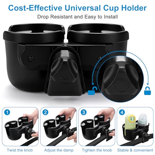 Accmor Stroller Cup Holder, Drinks Holder Bike Walker Wheelchair - color: All Black-Double Holder