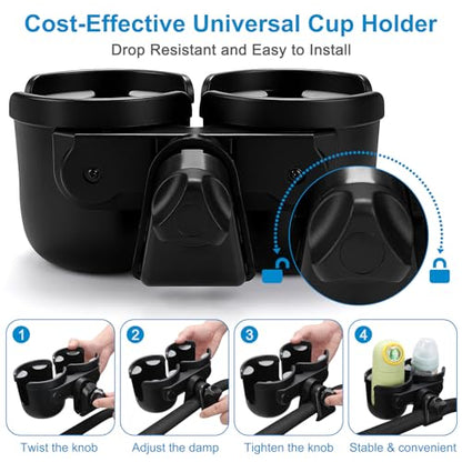 Accmor Stroller Cup Holder, Drinks Holder Bike Walker Wheelchair - color: All Black-Double Holder