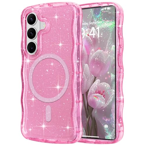 Pepmune Magnetic for Samsung Galaxy S26 Plus Case Clear Glitter, Hot Pink | Sparkly Bling Shiny Cute Curly Wave Cover for Women Men, Compatible with MagSafe, TPU Shockproof Protective Phone Case - color: Hot Pink, size: Samsung Galaxy S26 Plus