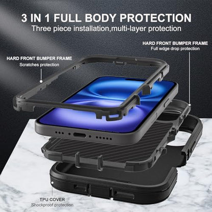 YKHJKLEC for iPhone 16 Case, Compatible with Magsafe, Military Grade 3 in 1 Heavy Duty Shockproof/Drop Proof/Dust Proof Case with 2Pcs Tempered Glass Screen Protector (New-Black/Black) - color: New-Black/Black