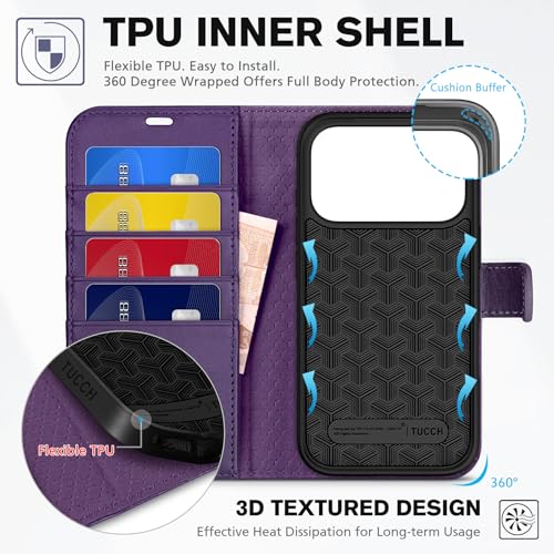 TUCCH Wallet Case for iPhone 17 Pro (6.3") 2025, 4 Card Holder, Deep Purple | RFID Blocking, Viewing Stand, Shockproof TPU Shell, PU Leather, Magnetic Closure, Protective Folio Flip Cover - color: Deep Purple