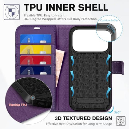 TUCCH Wallet Case for iPhone 17 Pro (6.3") 2025, 4 Card Holder, Deep Purple | RFID Blocking, Viewing Stand, Shockproof TPU Shell, PU Leather, Magnetic Closure, Protective Folio Flip Cover - color: Deep Purple
