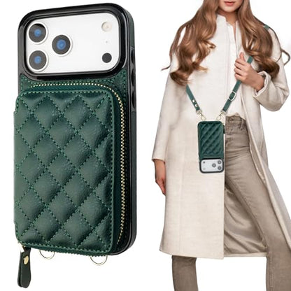 Bocasal Crossbody Wallet Case Card Holder for iPhone 17 Pro Max Dark Green | RFID Blocking PU Leather Zipper Handbag Purse, Kickstand Flip Folio Case with Card Slots Holder Wrist Strap Lanyard 6.9 Inch - color: Dark Green