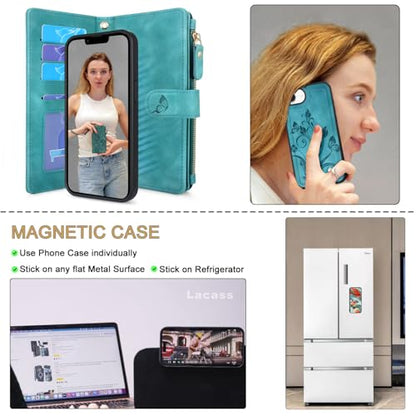 Case Wallet Compatible with iPhone 16e/17e, [12 Card Slots] ID Credit Cash Holder Zipper Pocket Detachable Leather Wallet Cover with Wrist Strap Lanyard（Floral Blue Green） - color: Floral Blue Green