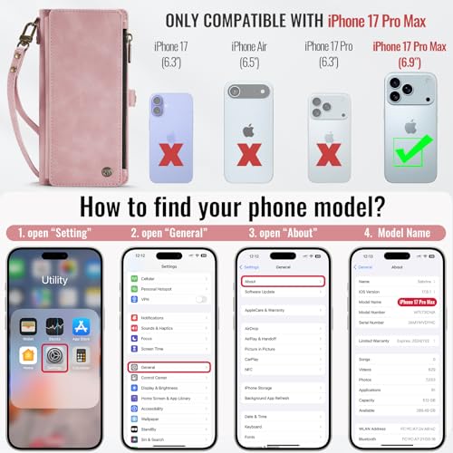 Defencase for iPhone 17 Pro Max Wallet Case with RFID Card Holder, Pink | Durable Soft PU Leather, with Zipper Pocket, Wrist Strap, Fashion Snap Flip Phone Cases Cover with Stand for Women and Men - color: Rose Pink