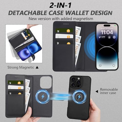2 in 1 PU Leather for iPhone 16 Pro Case, Detachable Wallet Case with Card Holder, Removable Flip Folio Cover with RFID Blocking, Stand Shockproof Phone Cover（Compatible with MagSafe） Black - color: Black, size: Iphone 16 pro